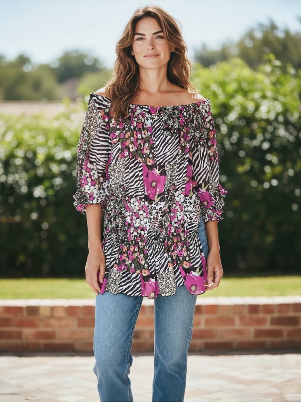 Off-Shoulder Floral Zebra Patchwork Blouse in Pink